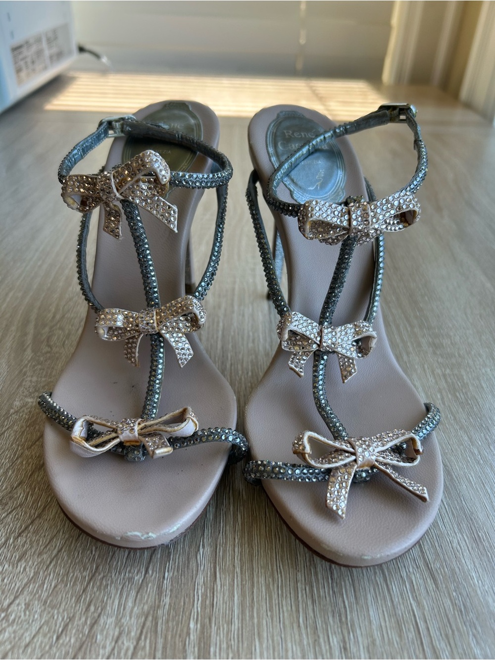 Rene Caovilla Crystal Bow Embellished Taupe Strappy Sandals 35